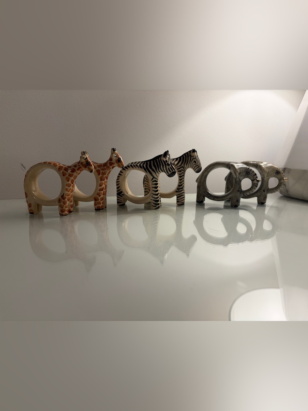 6 Vintage Hand-Painted Ceramic Safari Napkin Rings zebra, giraffe, elephant